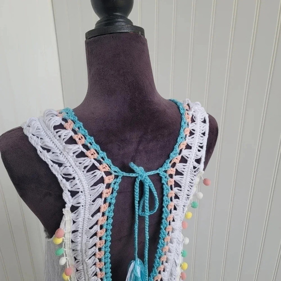 Cupshe Swim Coverup Dress One Size Boho Crochet Pom Pom Fringe Tassel White Blue - Picture 13 of 13
